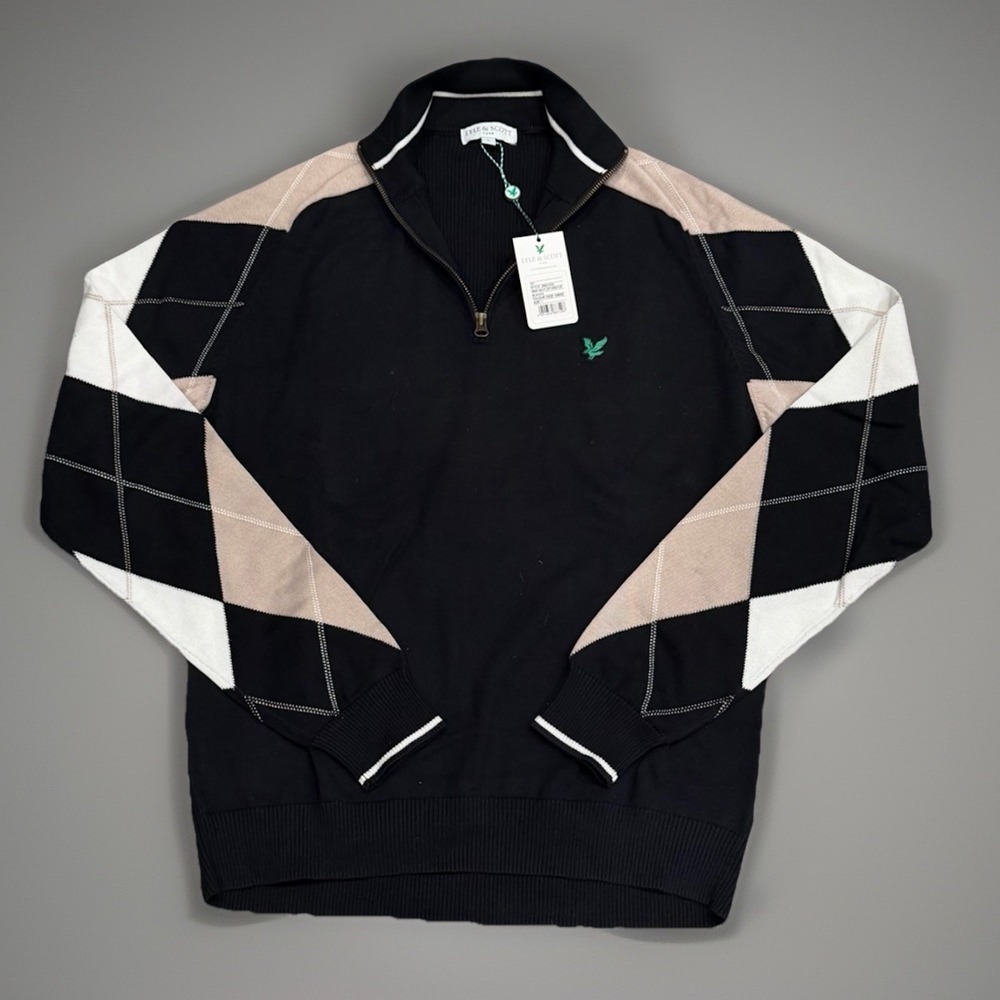 NEW Lyle & Scott Men's Half Zip Argyle Cotton Sweatshirt Black Size L Golf Work